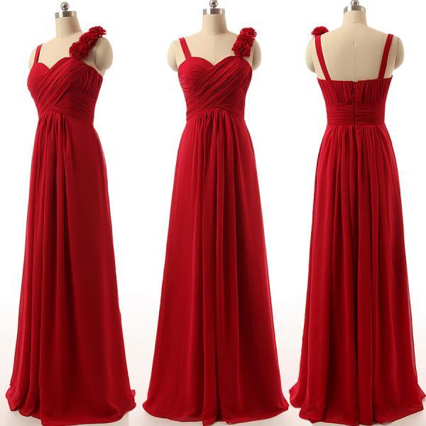 Custom Made Red Chiffon Long Aline Bridesmaid Dress With Floral
