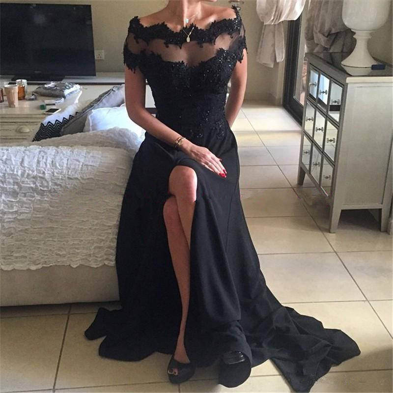 Off Shoulder Black Side Slit Chiffon Prom Dress 2017 Long Formal ...