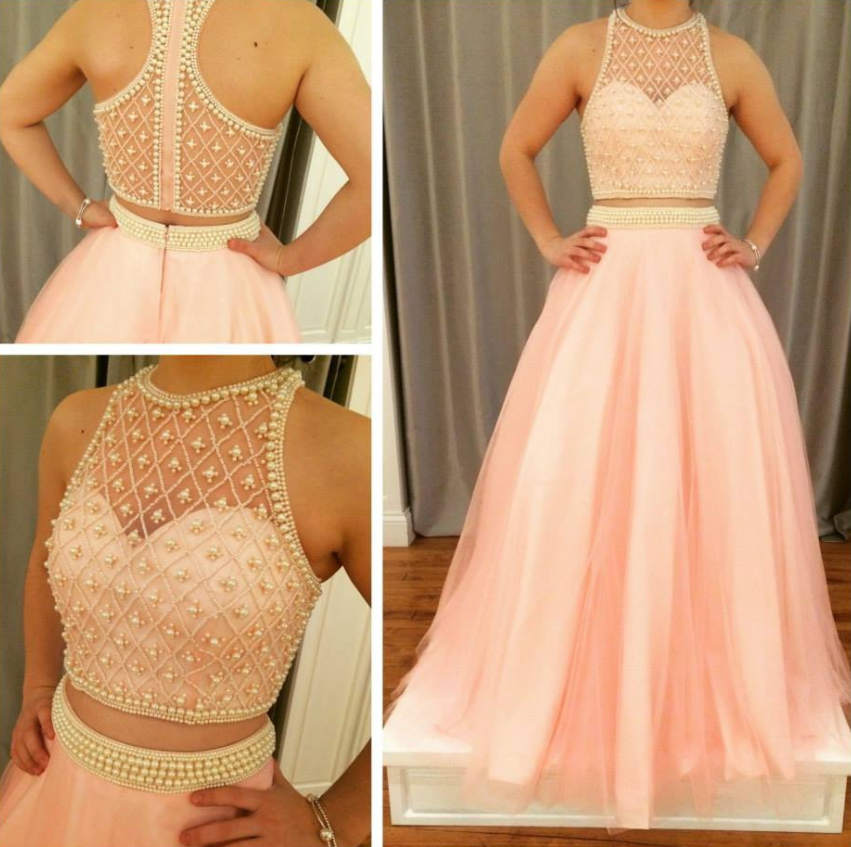 A Line Scoop Open Back Beaded Two Pieces Tulle Prom Dresses LBQ3252