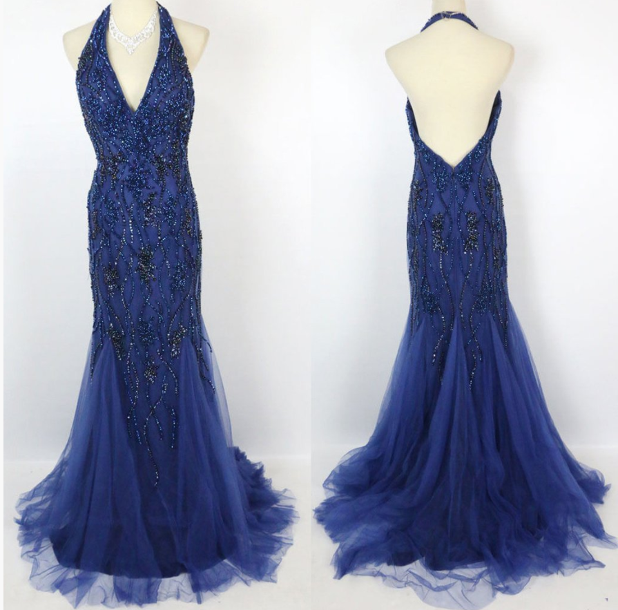 2017 Navy Blue Mermaid Full Beaded Halter Backless Long Prom Dress ...