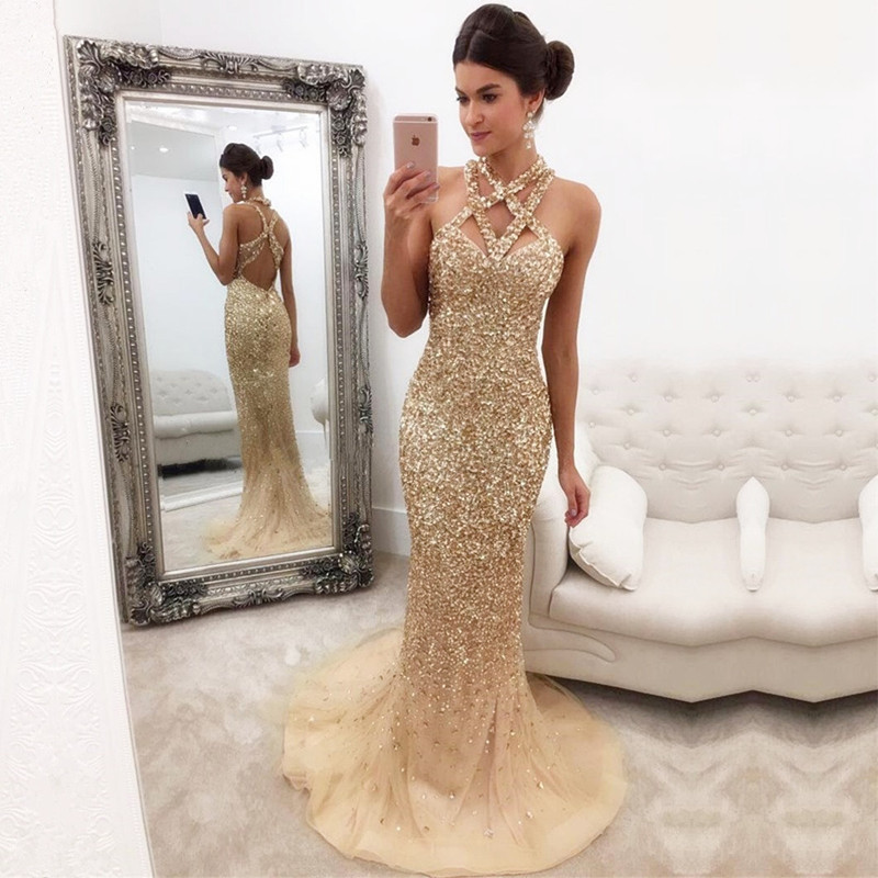 Eye-catching Sleeveless Halter Backless Mermaid Prom Dress