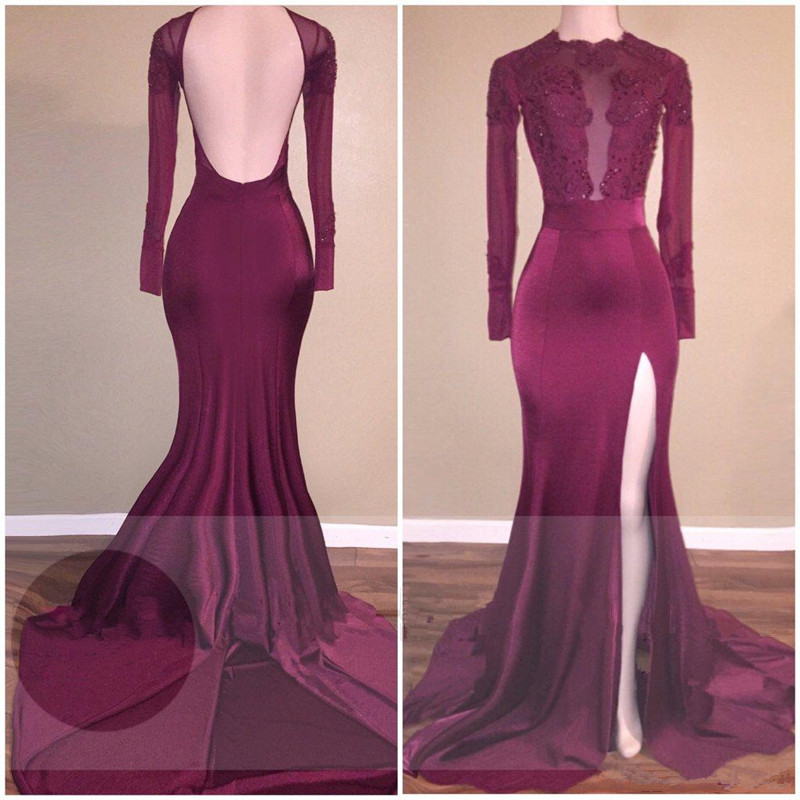 Backless Long Sleeves Burgundy Mermaid Appliques Side Slit Prom Dresspd0815 On Luulla 5652