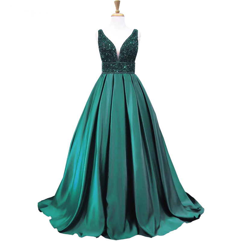 A-line V Neck Long Prom Dress With Beaded Top Y148 main image 1