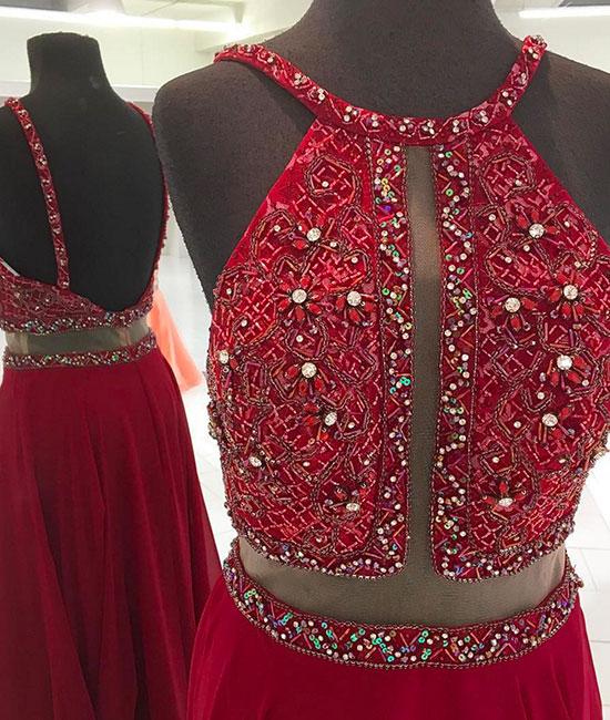 Sexy Red Halter A-Line Printed Vintage Long Party Dress Evening Dresses, DP5018