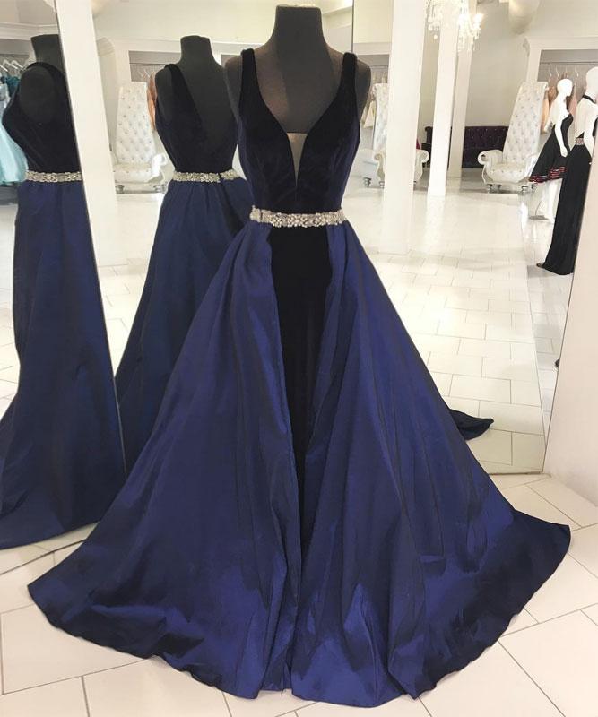 Beautiful Blue Long A-line V-neck Beading Evening Dress With Ruffles main image 1