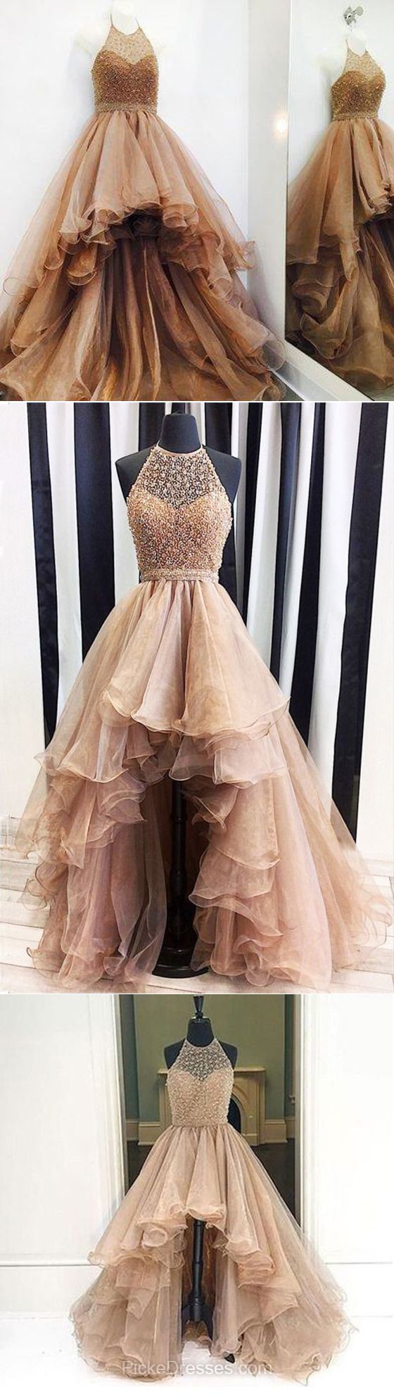 Halter High Low Organza with Beadings Prom Dress LBQ1020 main image 1