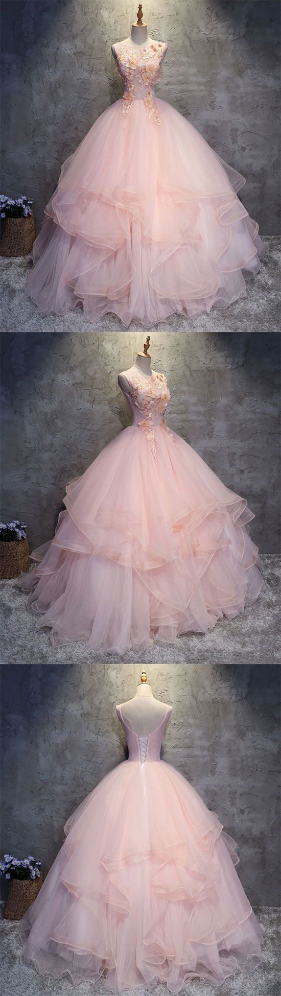 Pink round neck tulle lace applique long prom dress, pink evening dress     cg13820 main image 1