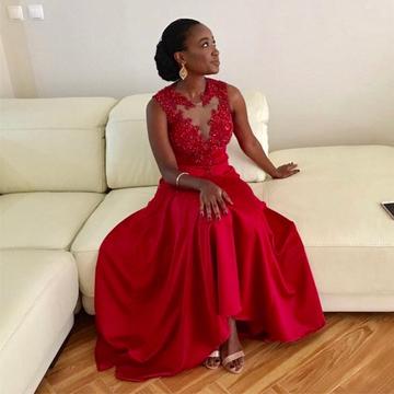 Vintage A line Short Sleeves Tulle Red Prom Dress